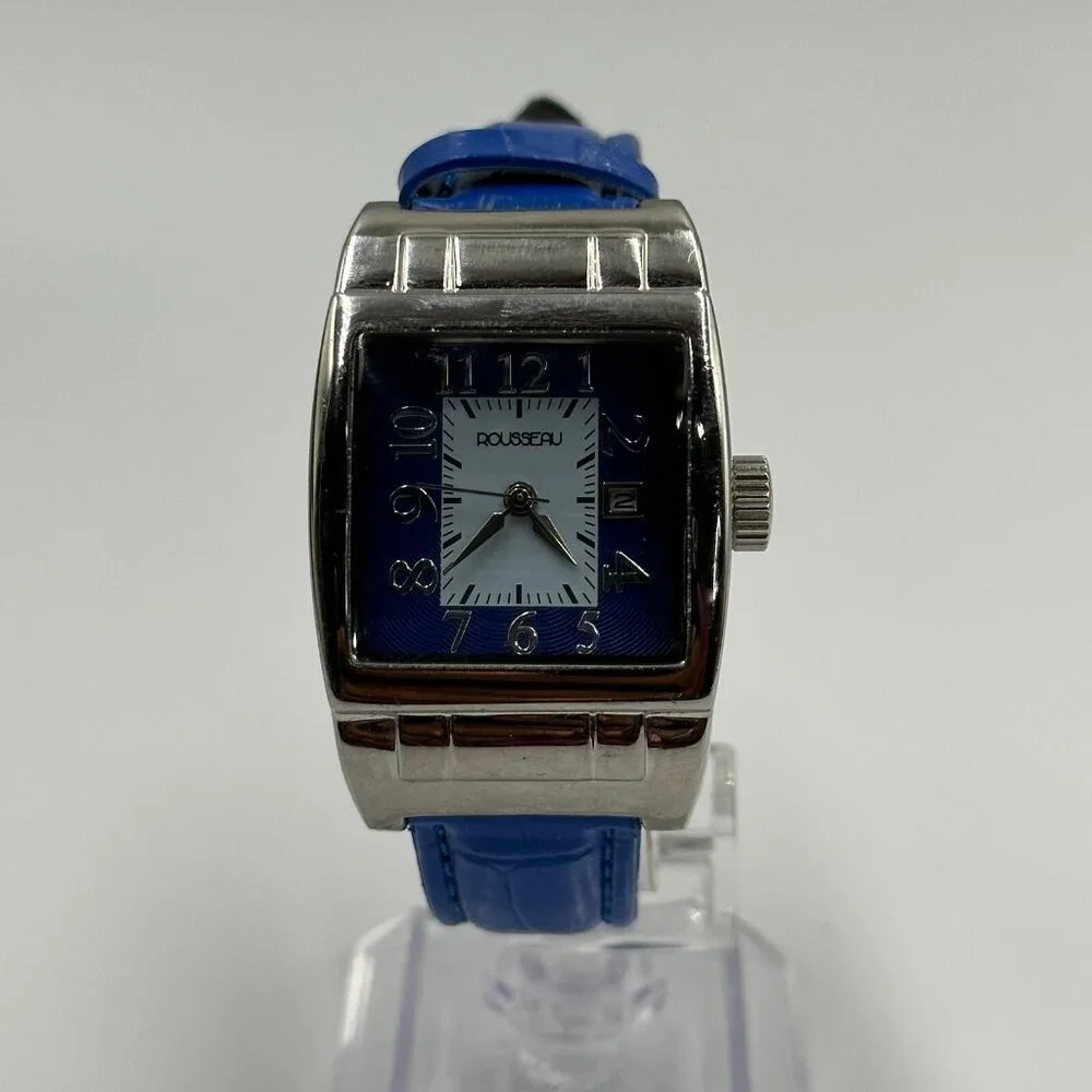 Rousseau Watch Women Silver Tone Square Dial Blue Leather Band New Battery 9